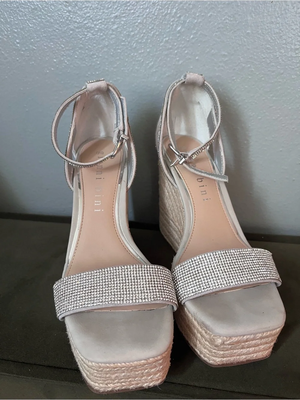 Gianni Bini Silver Rhinestone Espadrille Wedge Sandals